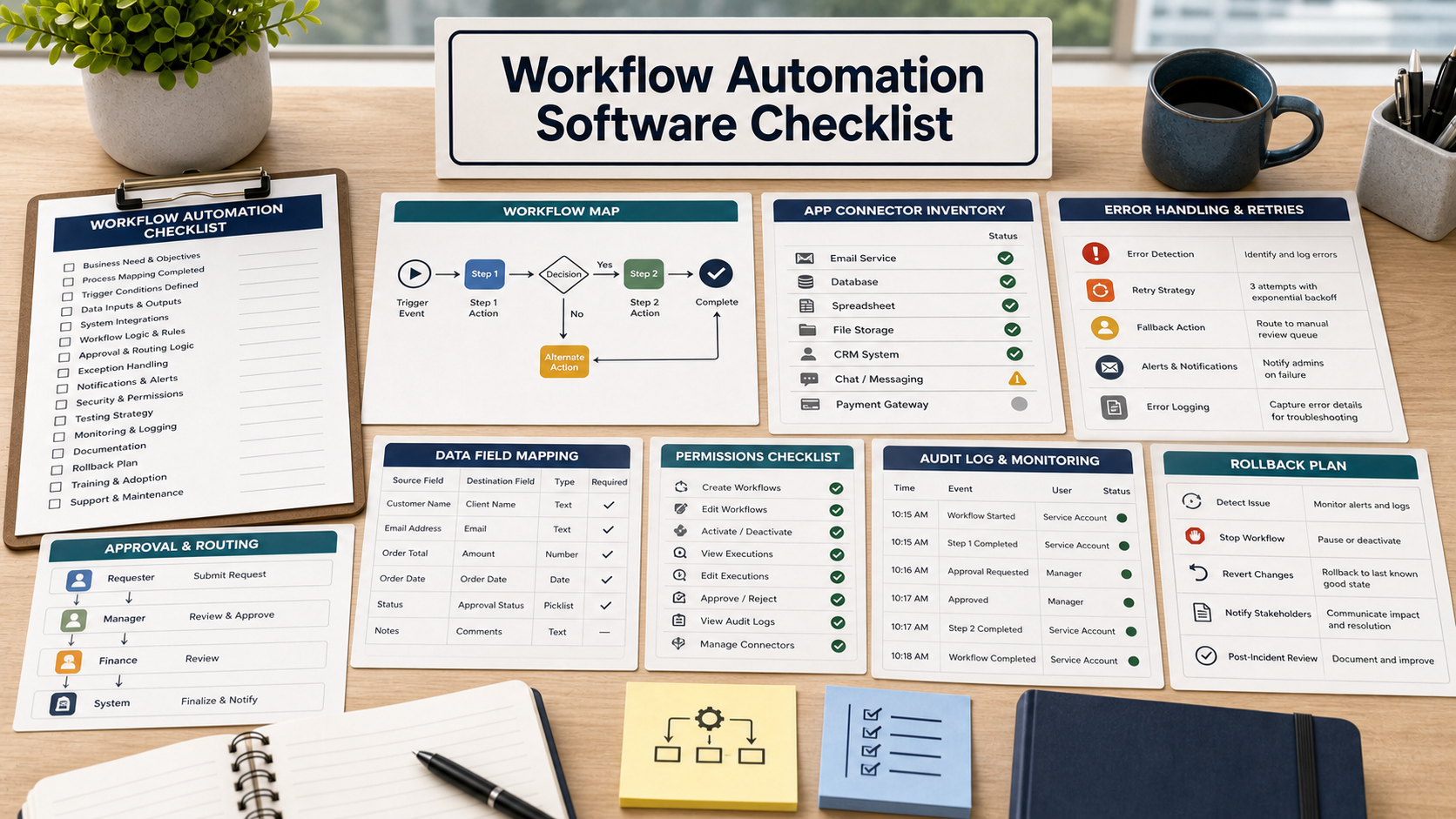 Workflow automation software checklist with automation map, approval routing cards, app connector inventory, error board, audit log panel, data mapping sheet, permissions checklist, and rollback plan