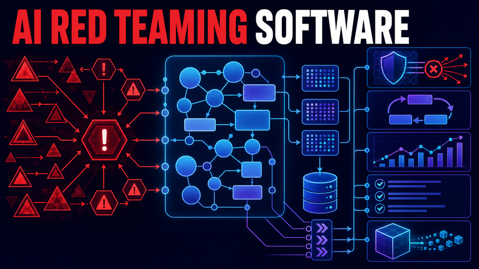 AI red teaming software evaluation with system boundary, threat model, adversarial scenarios, indirect prompt injection, tool guardrails, exfiltration test, human review, replay, regression, and export