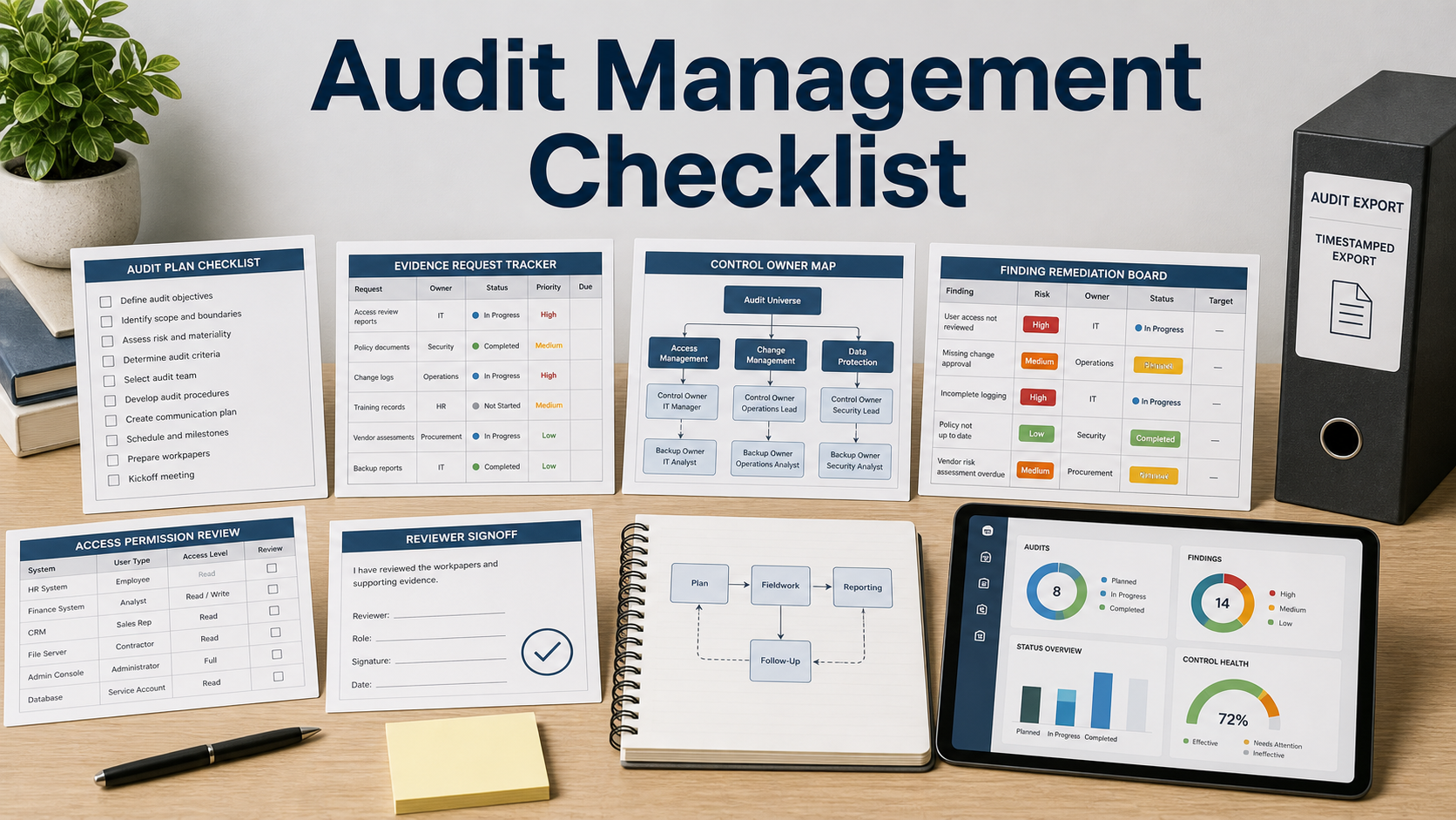 Audit management software checklist with audit plan, evidence tracker, control owner map, finding remediation board, and reviewer signoff card
