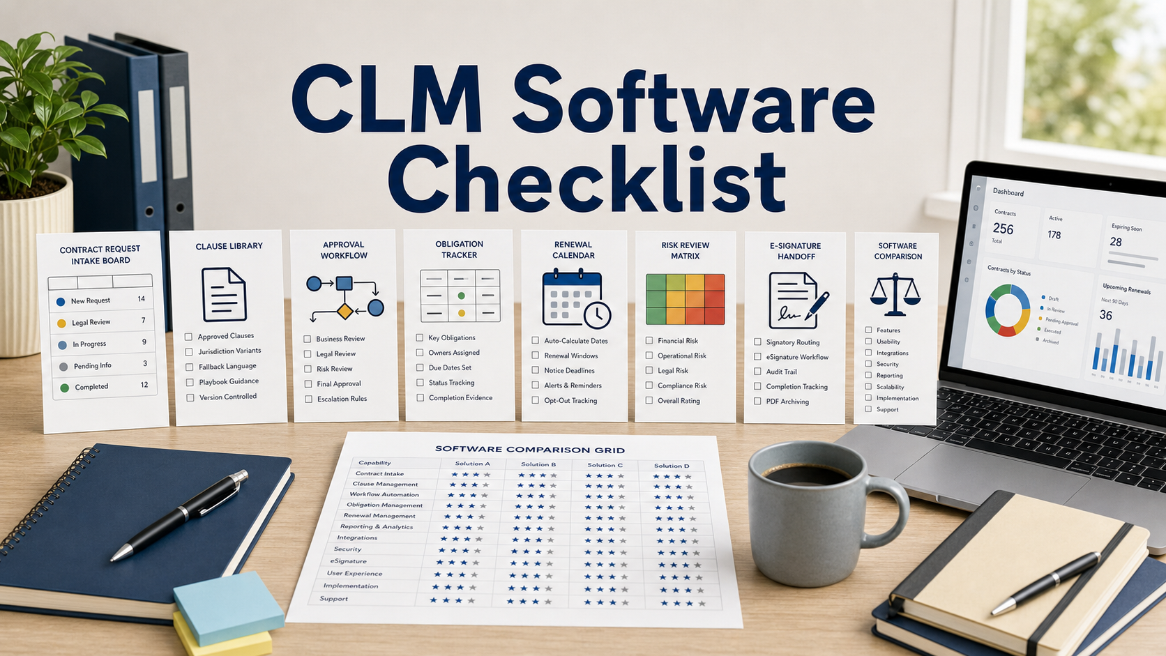 Contract lifecycle management software checklist with clause library, approval workflow, obligation tracker, renewal calendar, and risk review notes
