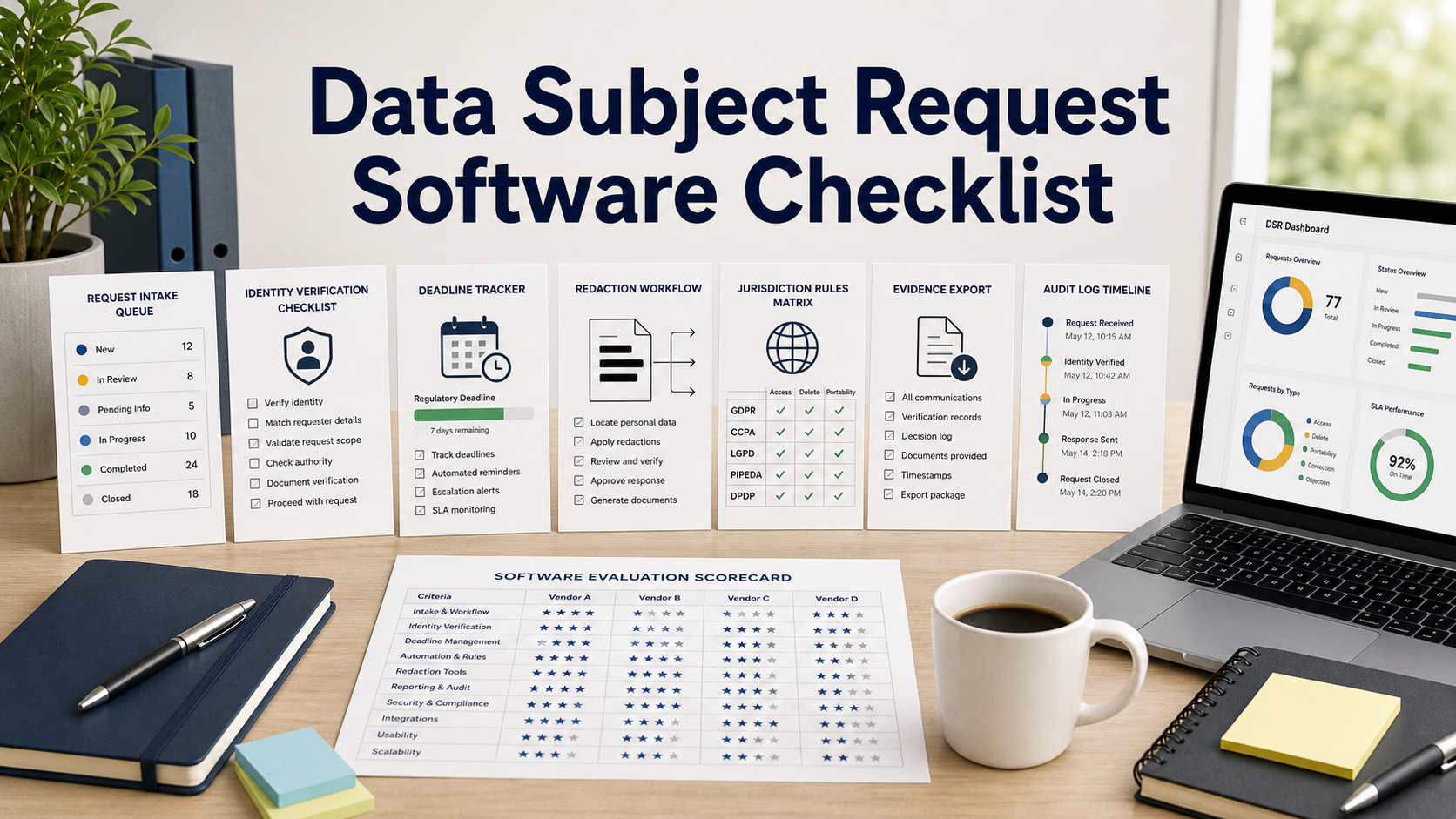 Data subject request software checklist with intake queue, identity verification, deadline tracker, redaction workflow, and audit evidence notes