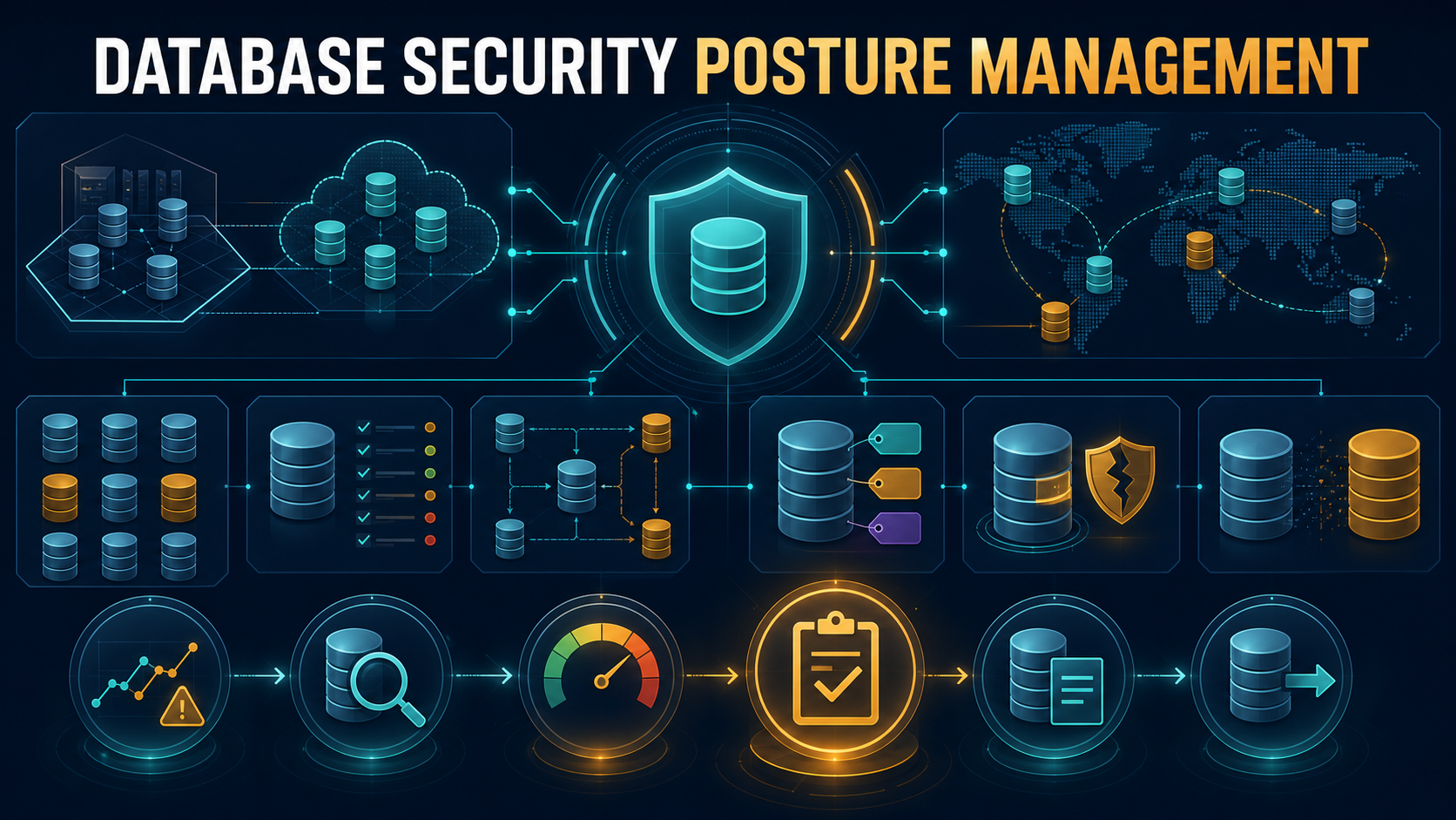 Database security posture management evaluation with inventory, exposure, configuration, access, sensitive data, vulnerabilities, drift, remediation, evidence, and export