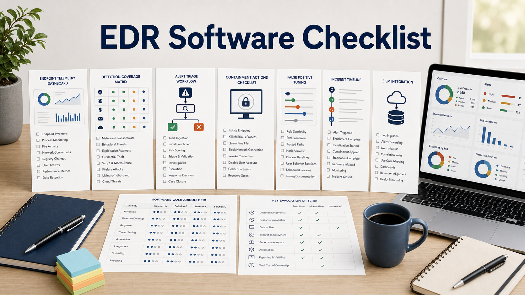 Endpoint detection and response software checklist with telemetry dashboard, detection matrix, triage workflow, containment actions, and SIEM integration notes