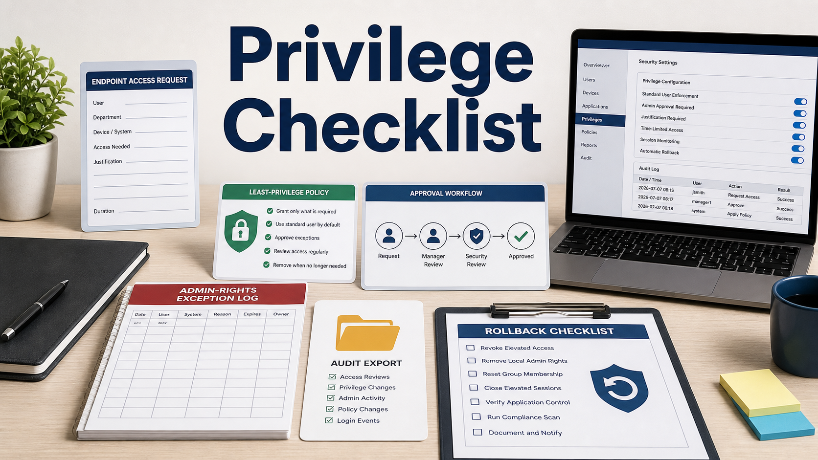 Endpoint privilege management checklist with least privilege policy card, access request form, exception log, and audit export folder