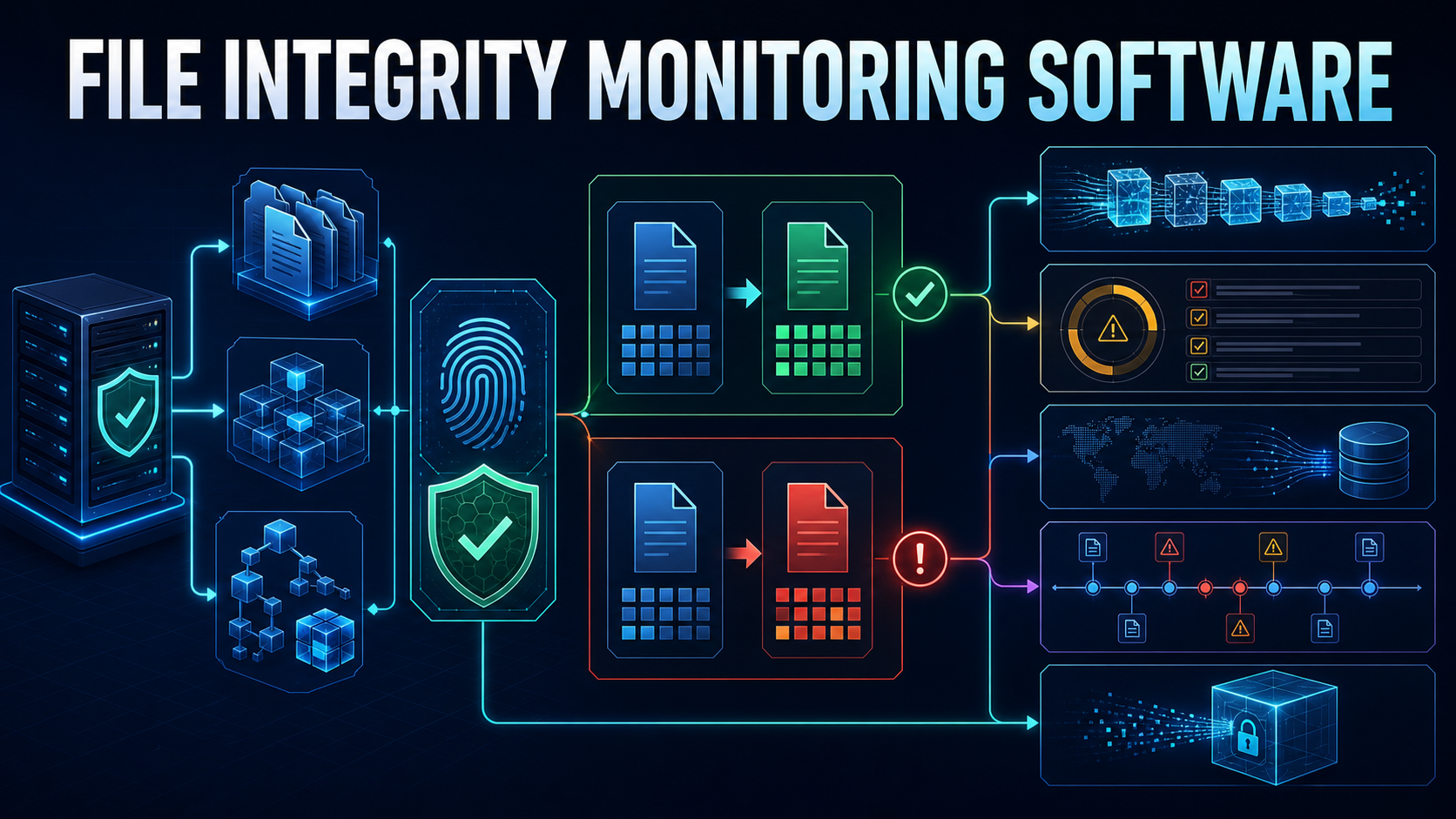 File integrity monitoring software evaluation showing protected files and configurations, cryptographic baseline, authorized and unauthorized changes, tamper-resistant alerts, investigation evidence, SIEM integration, and export