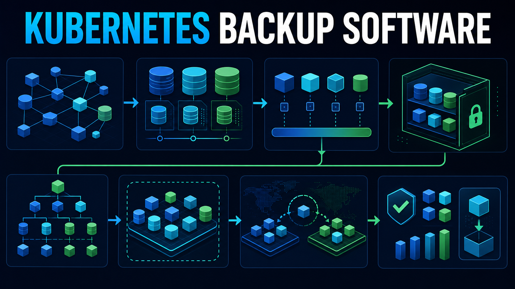 Kubernetes backup software evaluation with cluster resources, persistent data, consistency hooks, vault, restore order, clean-cluster recovery, disaster test, evidence, and export