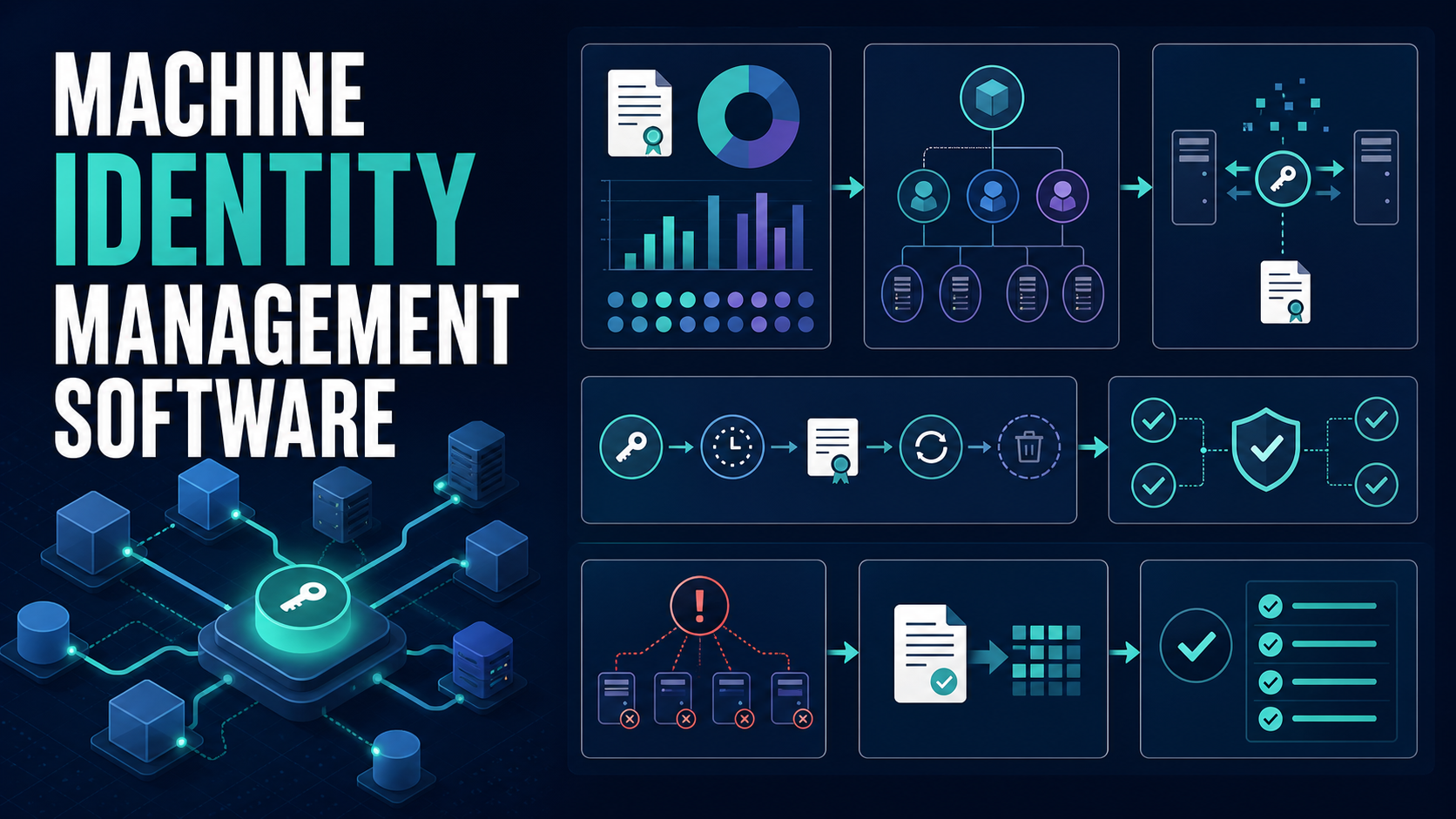 Machine identity management software evaluation board with certificate inventory, service accounts, workload identity, credential rotation, policy, outage tests, audit export, and exit plan