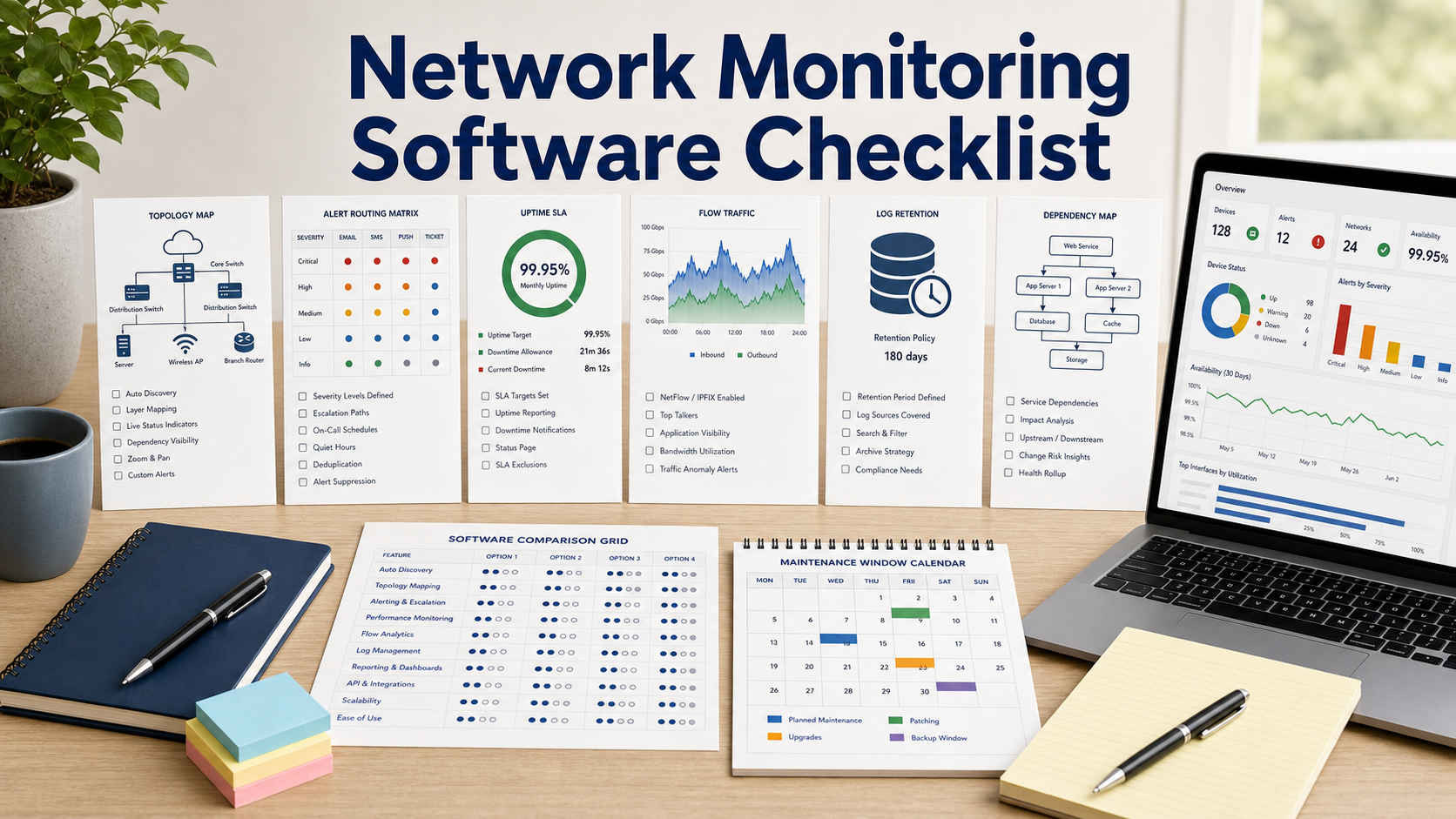 Network monitoring software checklist with topology map, alert routing matrix, uptime SLA card, flow chart, and log retention notes