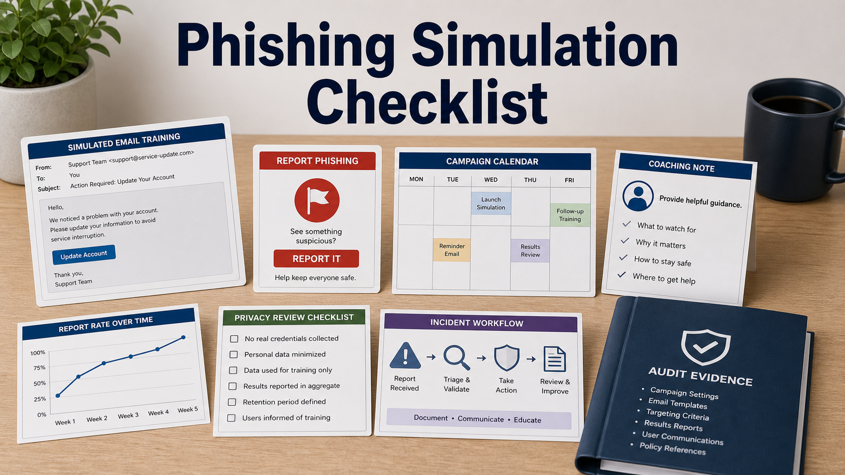 Phishing simulation software checklist with report button card, training email mockup, campaign calendar, privacy checklist, and audit evidence folder
