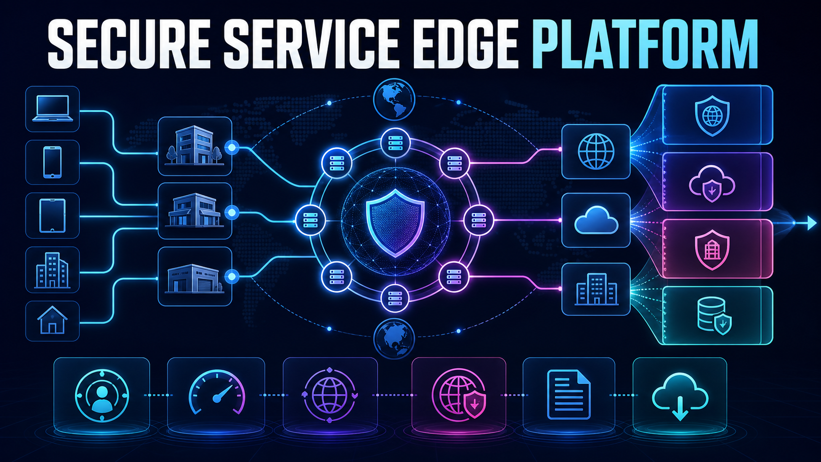 Secure service edge platform evaluation with traffic paths, web, SaaS and private access controls, identity context, latency, failover, logs, and export