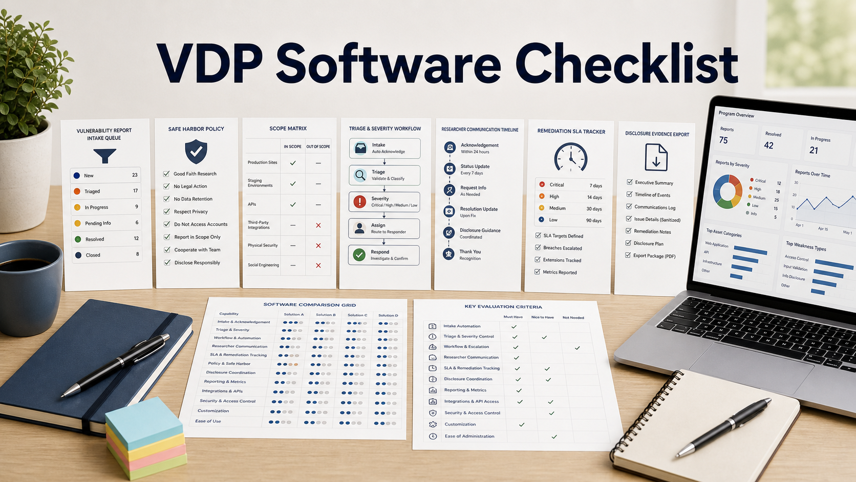 Vulnerability disclosure management software checklist with intake queue, safe harbor policy, scope matrix, triage workflow, SLA tracker, and evidence export notes