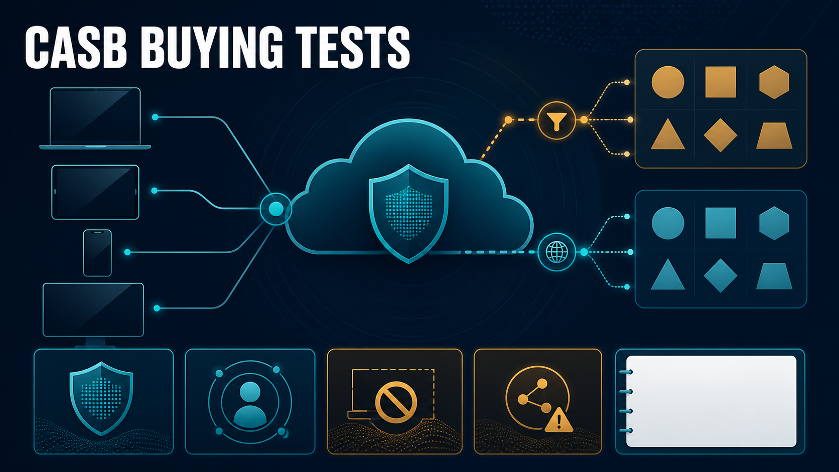 CASB software evaluation showing sanctioned and unsanctioned cloud apps, API and proxy paths, data controls, identity context, unmanaged-device restriction, sharing alert, and scorecard