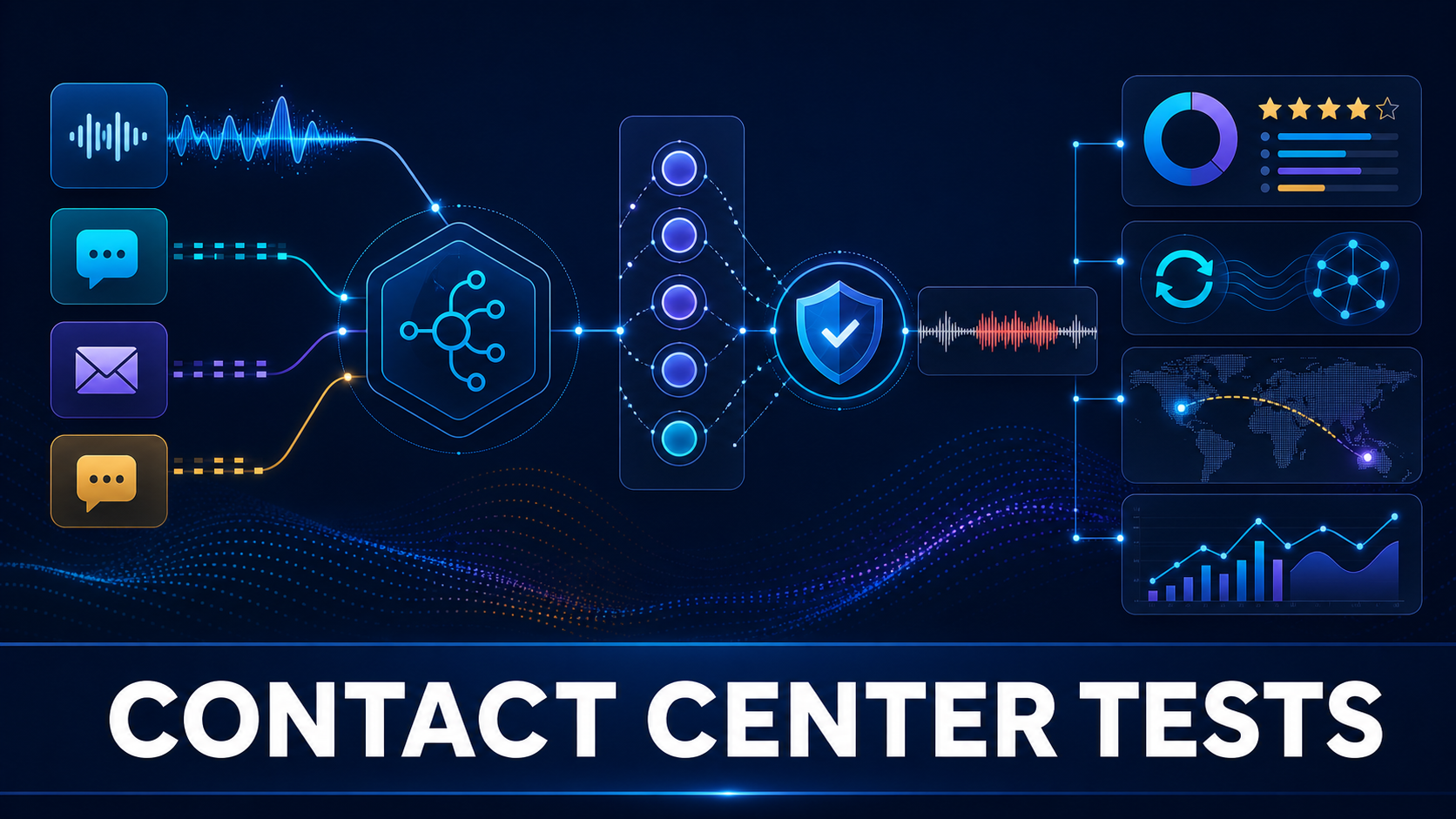 Contact center software evaluation with channels, routing, identity, recordings, quality, CRM synchronization, resilience, and scorecard