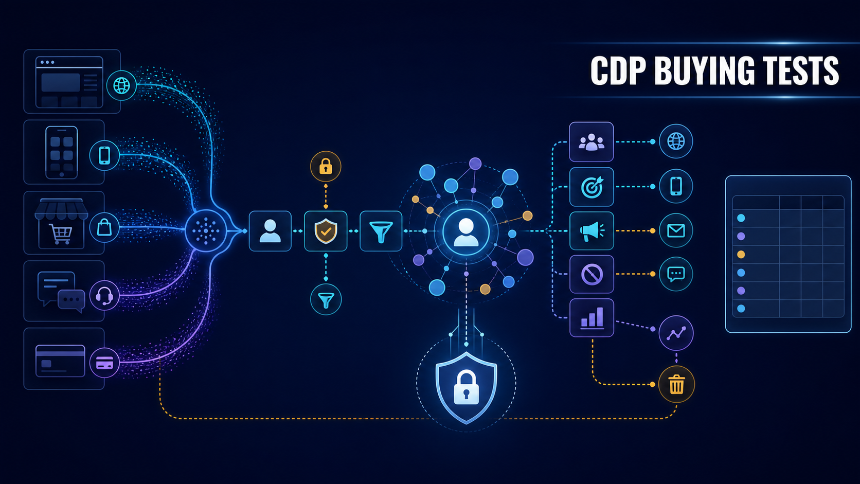 CDP software evaluation with multichannel events, customer profile graph, identity resolution, consent, minimization, segments, activation, suppression, measurement, deletion, security, and scorecard
