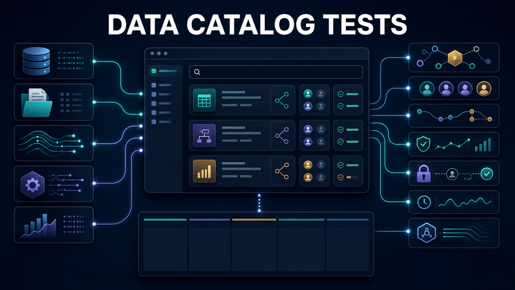 Data catalog software evaluation with metadata ingestion, searchable catalog, glossary, ownership, lineage, quality, access workflow, freshness monitor, API export, and scorecard
