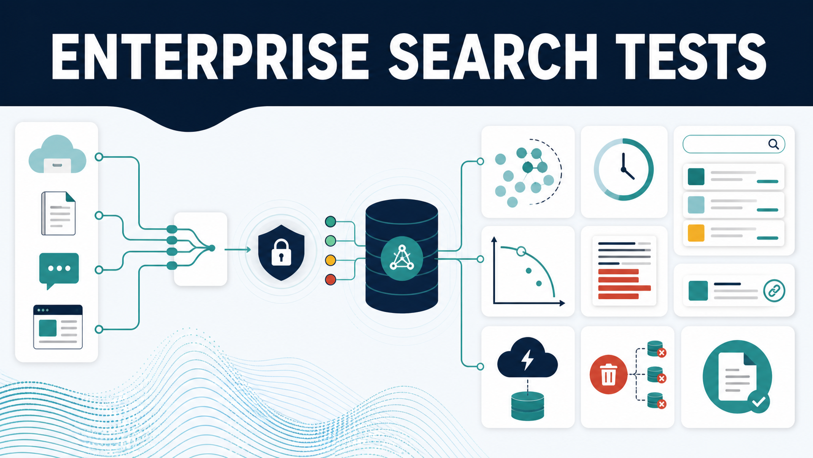Enterprise search evaluation with source connectors, permission enforcement, indexing, relevance testing, source citations, deletion propagation and export