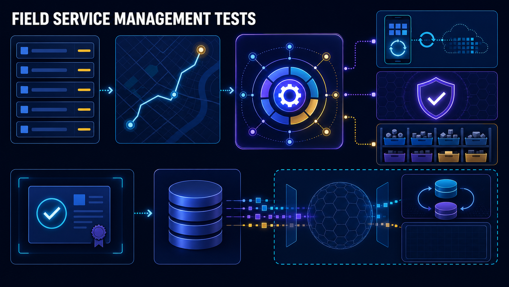 Field service management software evaluation with work orders, routing, dispatch, mobile offline sync, safety, parts, proof, billing, privacy, and scorecard