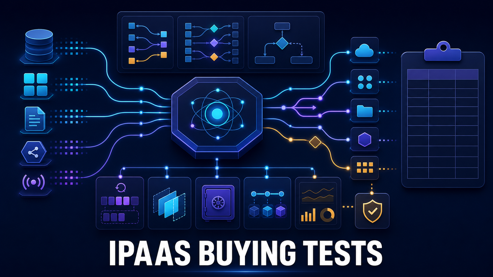 iPaaS evaluation with source and target systems, mapping, workflow, retry queue, schema versions, secrets, deployments, observability, governance, and scorecard