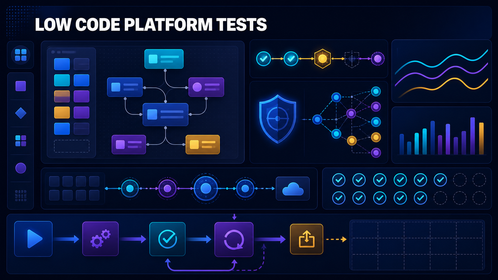 Low-code platform evaluation with visual app canvas, components, governance, identity, data permissions, APIs, testing, observability, rollback, and scorecard