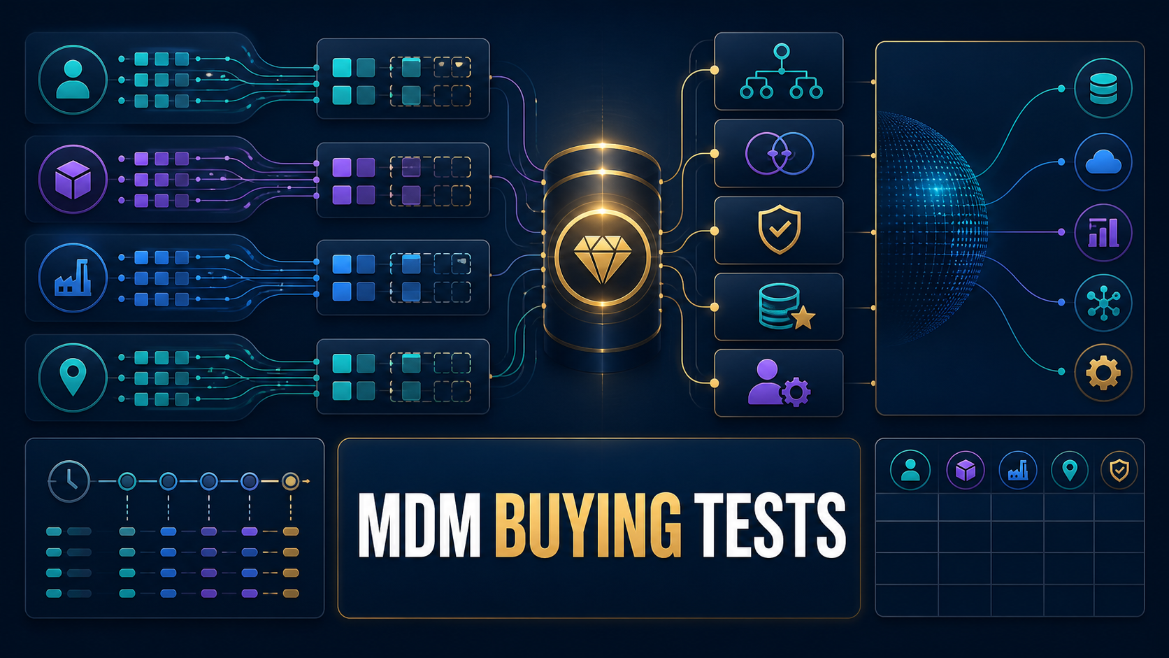 MDM software evaluation with multiple domain records, duplicate matching, golden records, survivorship, hierarchy, steward review, quality, distribution, audit, and scorecard