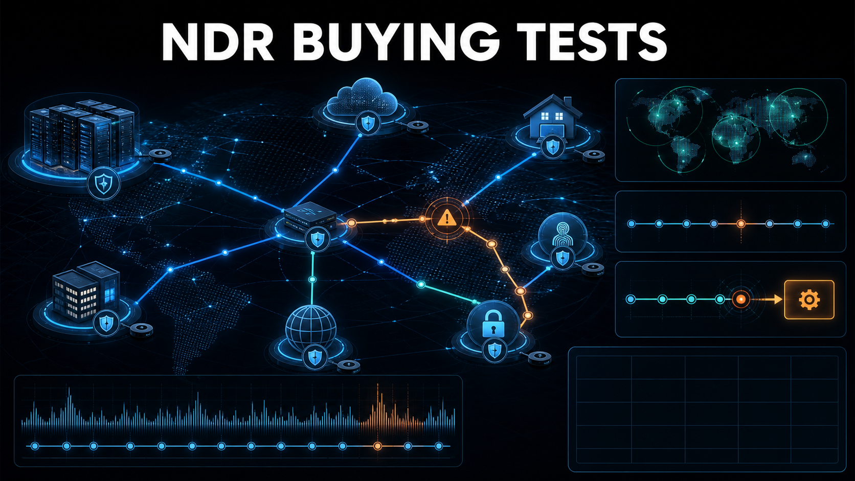 Network detection and response software evaluation with hybrid traffic coverage, anomaly path, evidence timeline, response action, sensor health, and scorecard