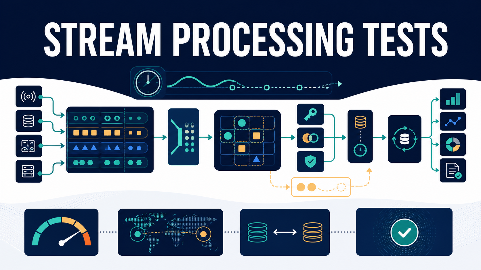 Stream processing evaluation with partitioned events, schemas, event-time watermarks, state, ordering, idempotency, checkpoints, backpressure and failover
