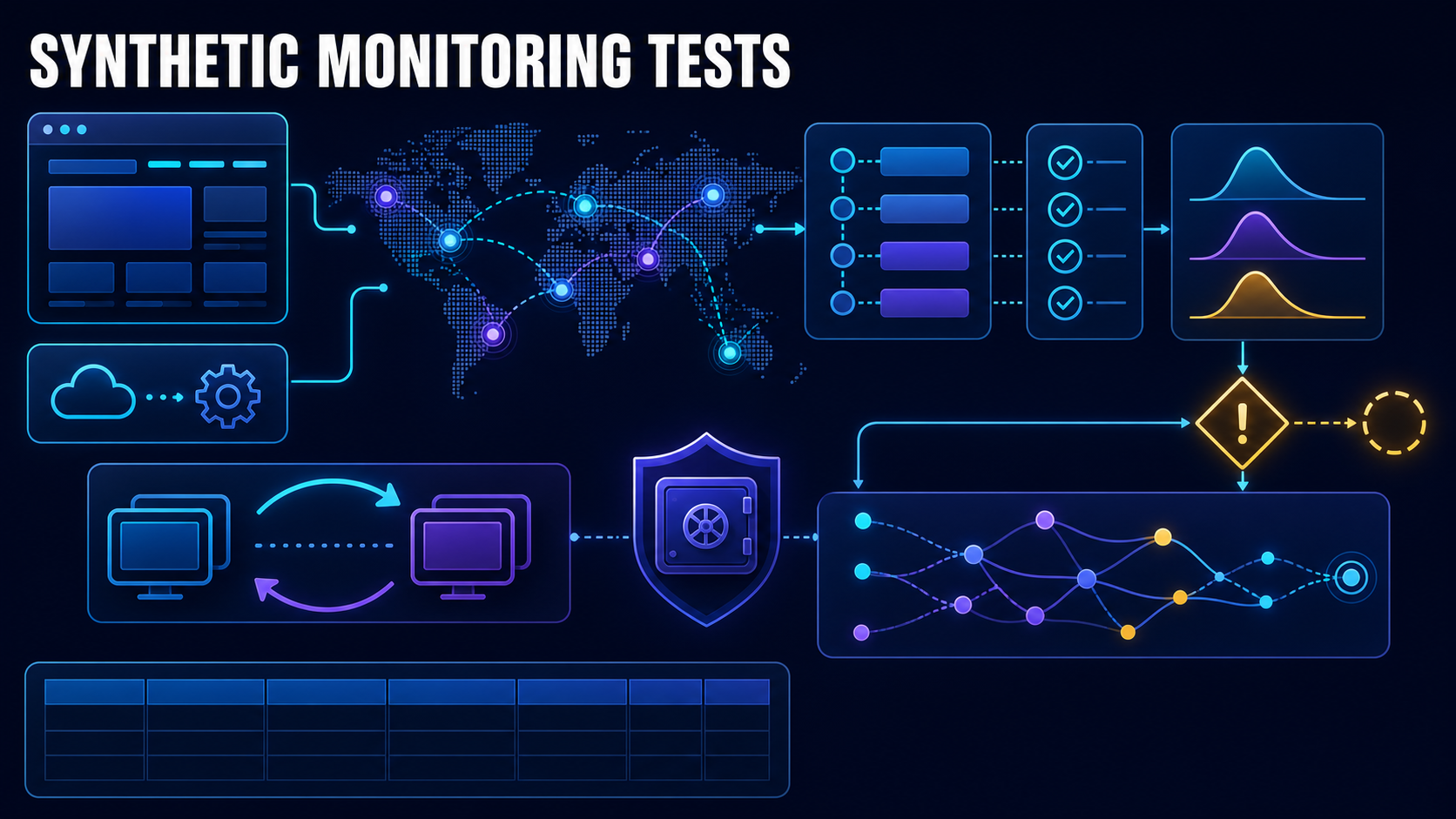 Synthetic monitoring software evaluation with browser and API probes, locations, journeys, assertions, latency, alerts, traces, credentials, failover, and scorecard
