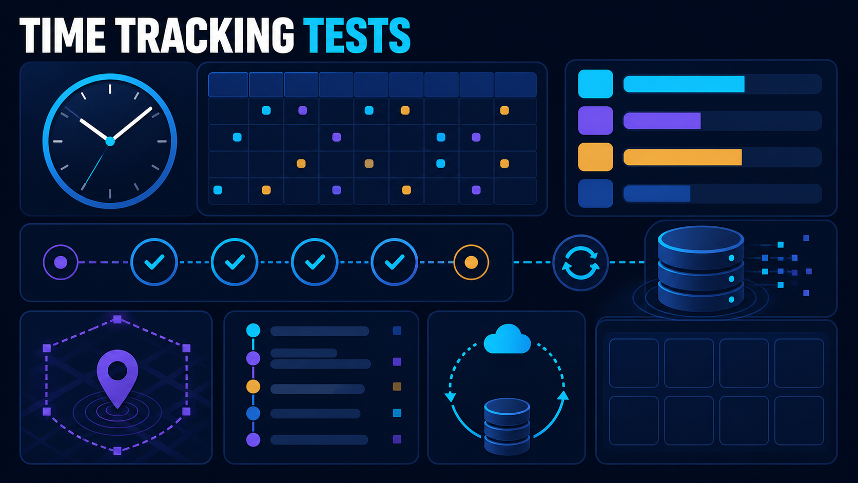 Time tracking software evaluation with clock events, timesheet, project allocation, approval, payroll, privacy, audit trail, offline recovery, and scorecard
