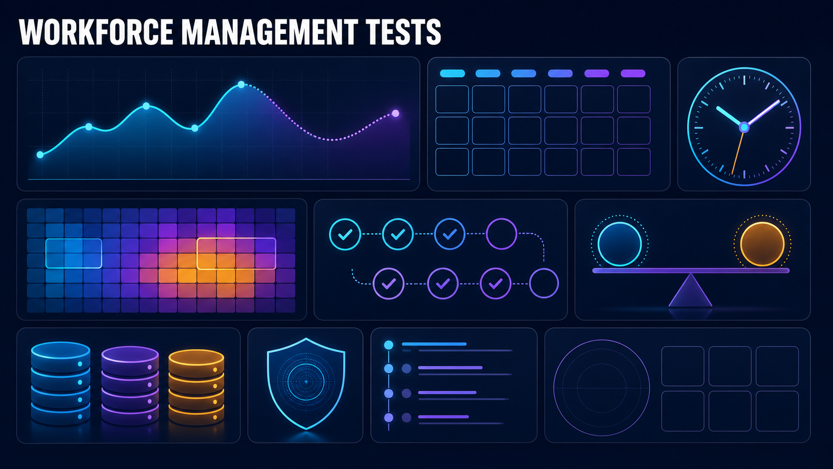 Workforce management software evaluation with demand forecast, shifts, coverage, time, leave, fairness, payroll, privacy, and scorecard